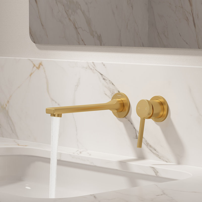 Wall-Mount Bathroom Sink Faucet with Pop-Up Drain, Single-Handle Modern Faucet 1.0 GPM in Brushed Gold, Brushed Gold