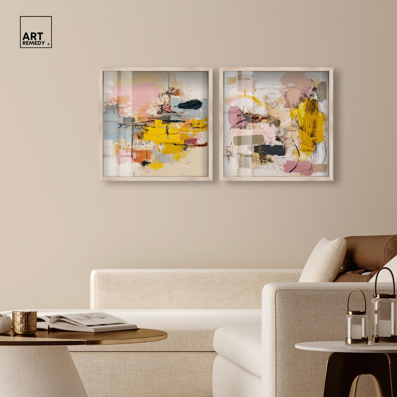 Expressive Canvas Duo Shadowbox Print Beige Wall Decor Set by Art Remedy, Black Frame, 12 x 12, 21" H x 21" W, Cadre blond