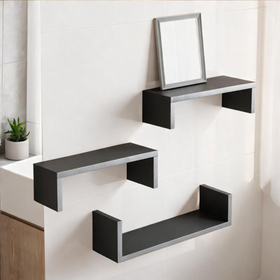3 Piece Floating Wall Shelves Set, Multi-Room Home Storage and Decor, Jet Black Wood, Assorted Sizes for Custom Wall Organization