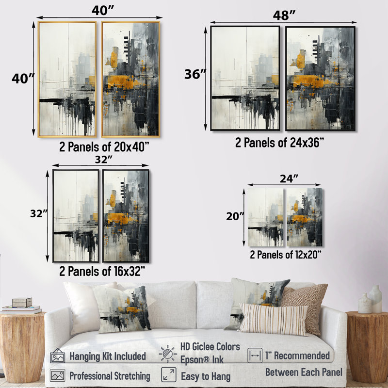 Abstrait paysage urbain III - art mural sur toile jaune 2 panneaux, 36" H x 48" W, Wrapped Canvas, Does Not Apply