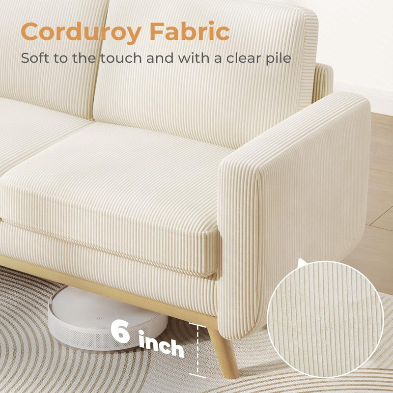 68" Beige Corduroy Loveseat Sofa with Oak Legs