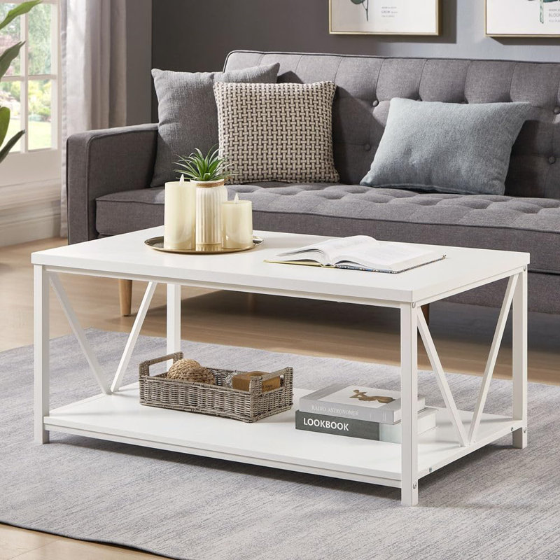 White Oak Rustic Coffee Table with Storage Shelf