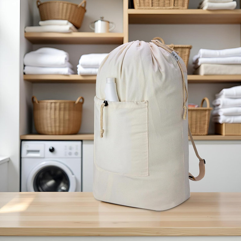 2 Pack Drawstring Canvas Laundry Bag Backpack for Dorm and Travel Laundry Storage