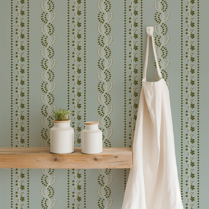 Lady Charlotte Botanic Stripe 10' L x 24" W Peel and Stick Wallpaper Roll, Olive, Faux Grasscloth