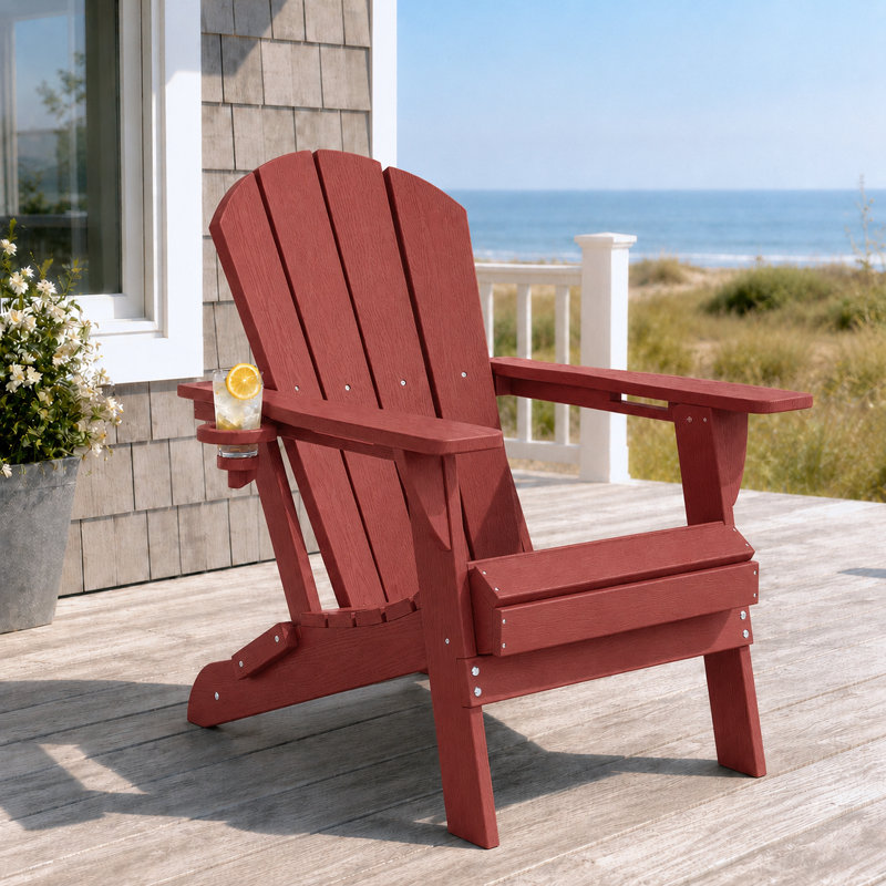 Chaises Adirondack pliantes en PEHD, texture bois, porte-gobelet, matériau PEHD toutes saisons, Terra Cotta