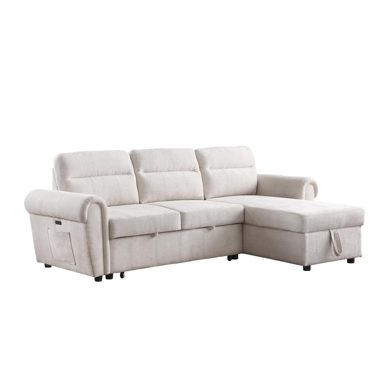 Canapé-lit modulaire réversible en chenille avec chargeurs USB, poches pour téléphone / magazine, Beige