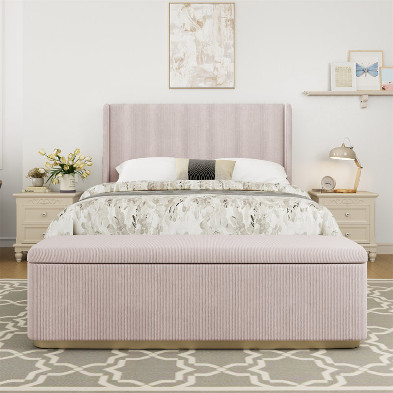 Structure de lit en velours côtelé avec repose-pieds avec rangement de 130 L, Grand lit, Rose