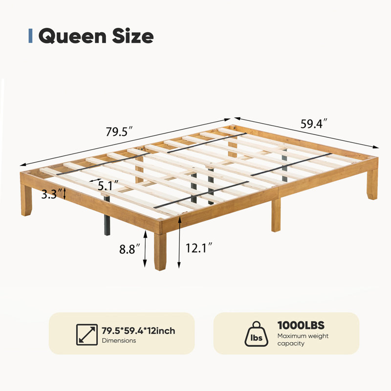 Structure de lit en bois, structure de lit plateforme en bois avec lattes de soutien pour la chambre à coucher, Grand