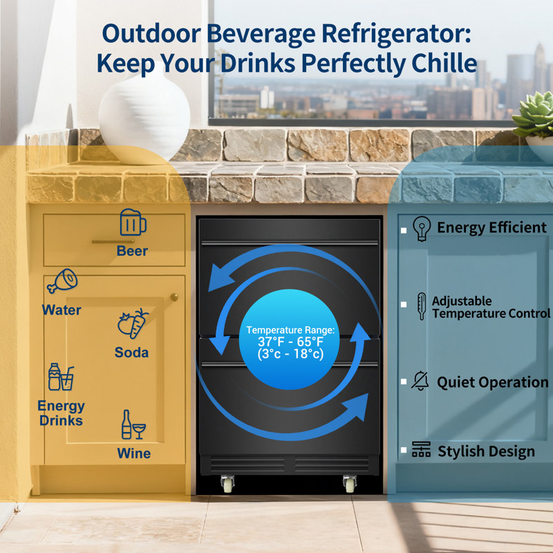 24" Outdoor Beverage Refrigerator with Drawer Design, Built-In or Freestanding Cooler with Wheels, Grid Organizer, and Interior Lighting for Patios and Backyards