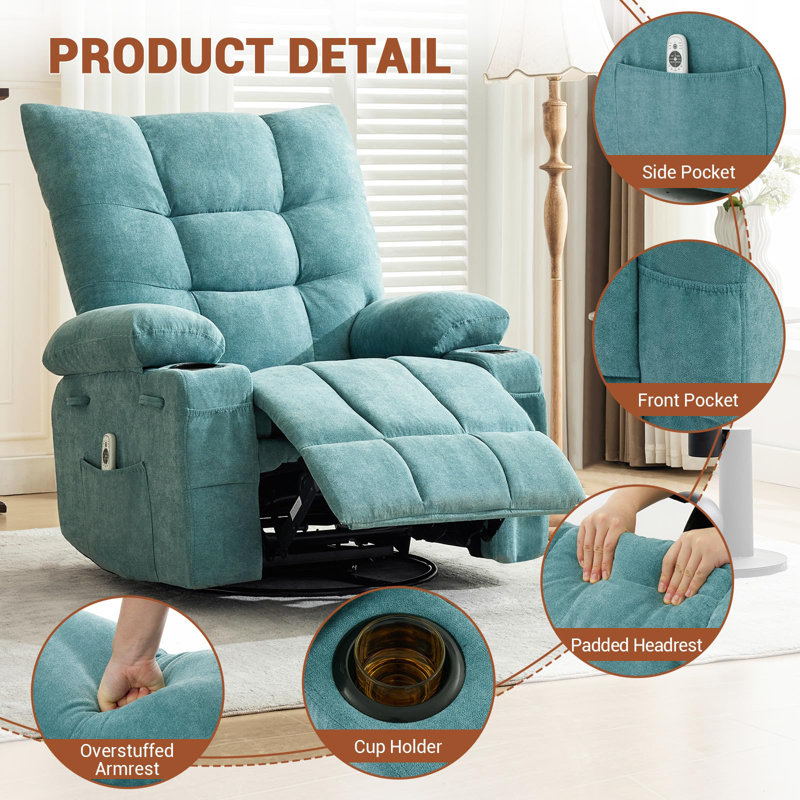 Fauteuil inclinable pivotant avec fauteuil chauffant et surdimensionné, Bleu
