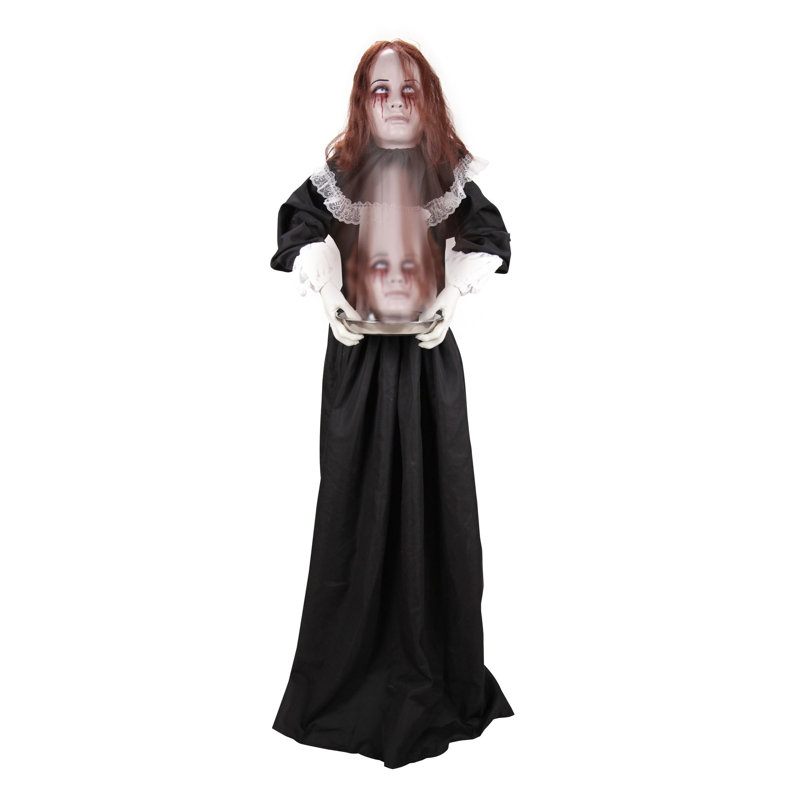 «Haunted Hill Farm» 5,3 pi, debout effrayante, tenant une assiette d'Halloween animatronique avec une chute de tête