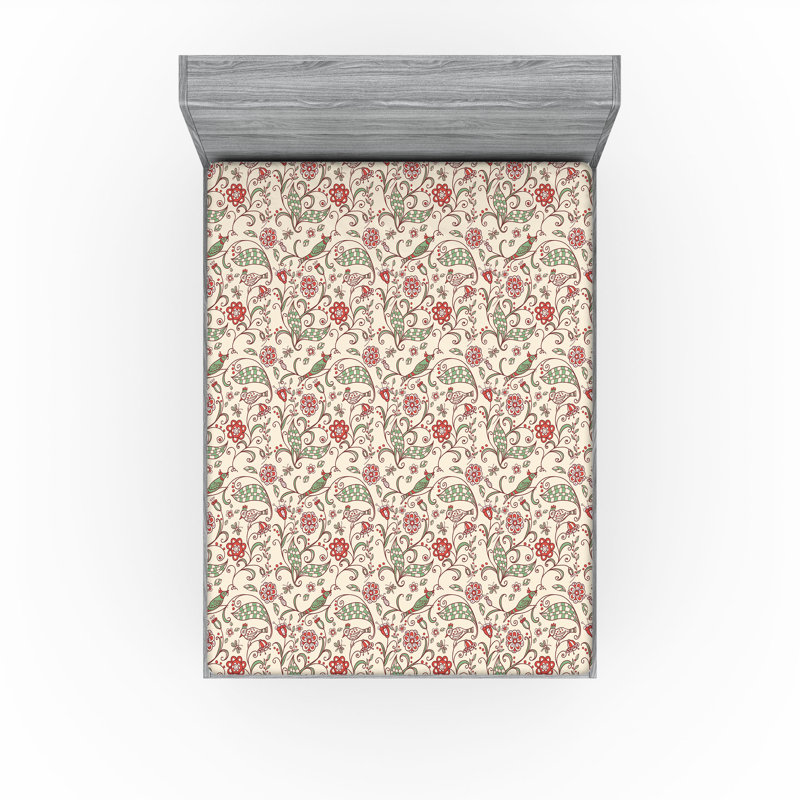 Ambesonne Nature Fitted Sheet Leaves Botanical Style Art, Queen Fitted Sheet, Champagne/Green/Orange Floral