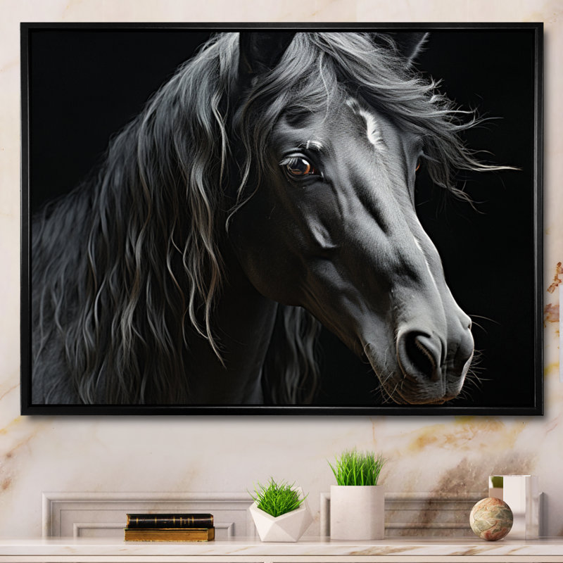 Black White Horse Portrait - Animals Canvas Prints, H 34 po x l 44 po x P 1,5 po, Cadre flottant noir