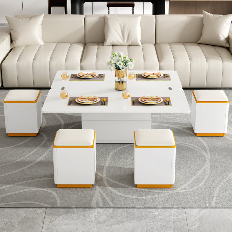 Table basse relevable avec rangement, table centrale multifonctionnelle réglable pour le salon, Blanc