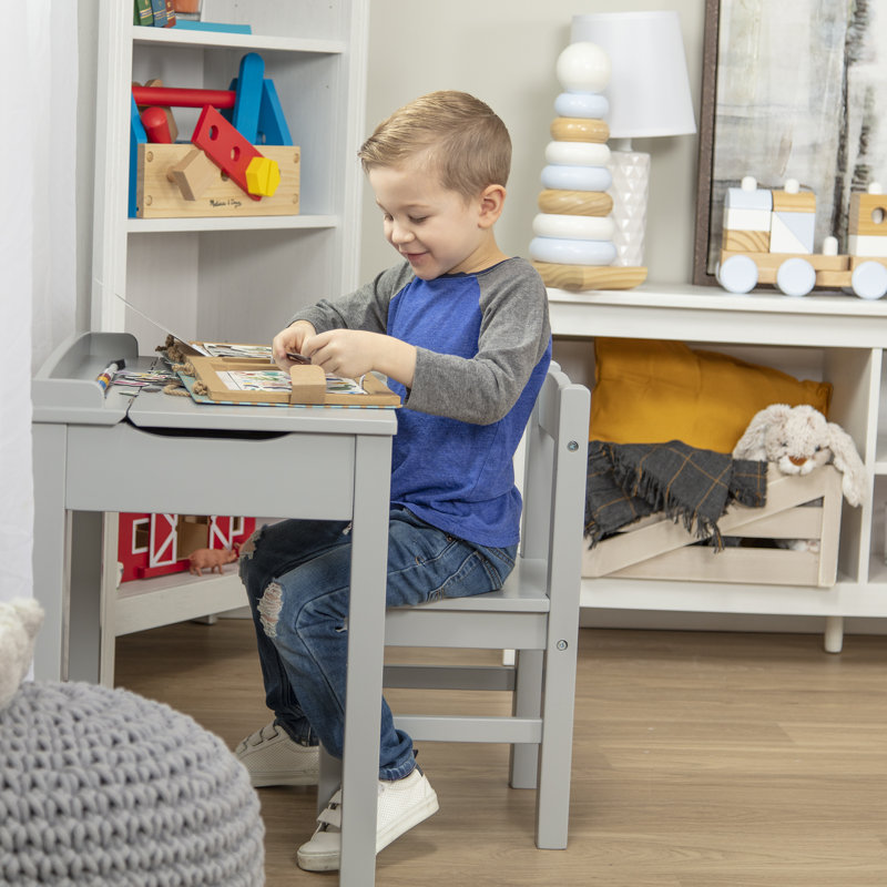 Ensemble de bureau et chaise en bois à plateau relevable pour enfants, gris, Non