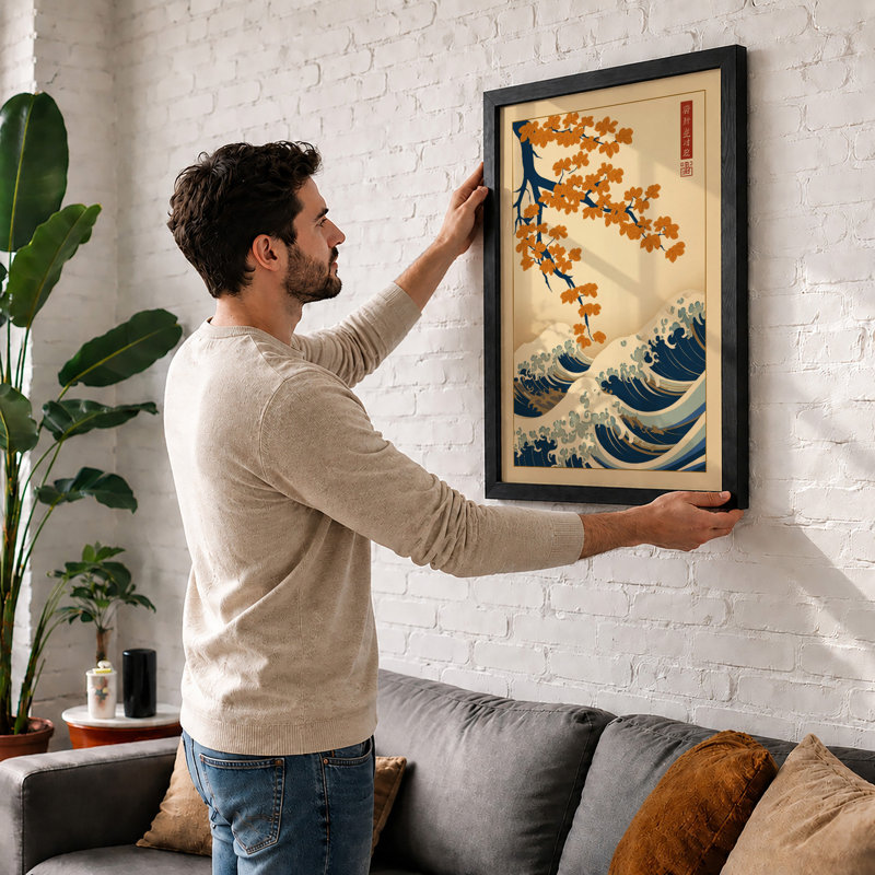 Blossoms and Waves Japandi - Framed Print, A1 - 84.1 x 59.4 cm, White