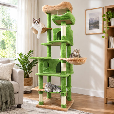 Arbre à chat à plusieurs niveaux de 68 pouces avec peluche verte, hamacs, panier suspendu, grotte pour chat, coussins amovibles et poteaux à griffer - tour de chat d'intérieur pour chats multiples