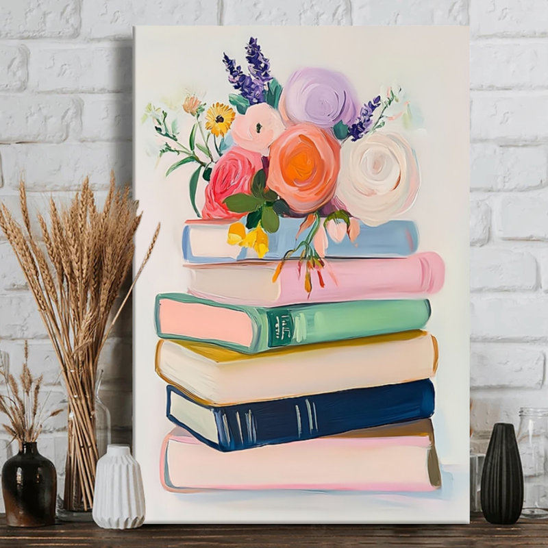 «Bibliophile's Bloom», livres empilés sur toile impressionniste - 24 po x 36 po x 1 po