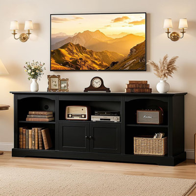 71" TV Stand For Tvs Up To 80 Inch,Modern Farmhouse Entertainment Center With Arched Cabinet Doors & Open Adjustable Storage Shelves,Media Console Table For Living Room,Black