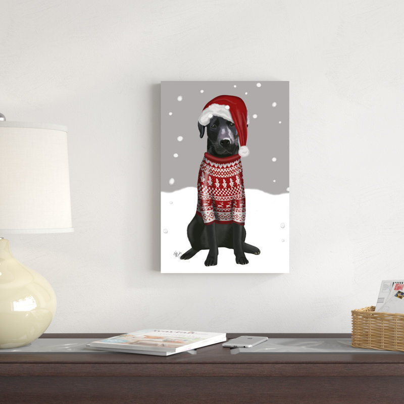 Labrador noir, chandail de Noël 1 par Fab Funky - impression sur toile tendue, H 18 po x l 12 po