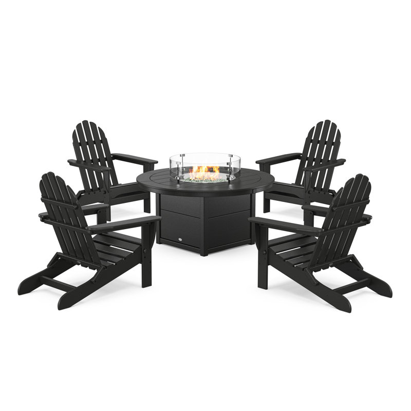POLYWOOD Classic Folding Adirondack 6-Piece Conversation Set with Fire Pit Table, Black
