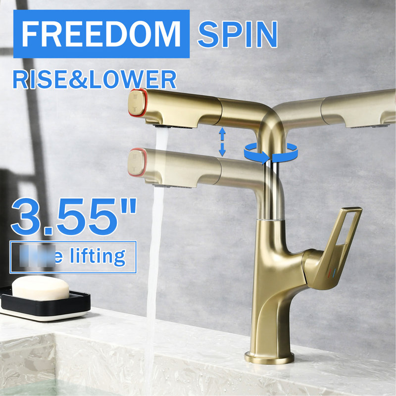 Single Hole, Deck - Mounted Faucet, Brushed Gold Finish, Retractable Hose, One Touch Rinse, 500000 Cycle Tested Ceramic Core Dual Spray, Splash Reducing Feature