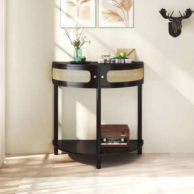 Unique Half Moon Design End Table with Sliding Rattan Door,Elegant Semi-circle Entryway Console Table with 2 Rattan Storage Cabinet and Bottom Shelf for Living room, Bedroom, Study, Hallway