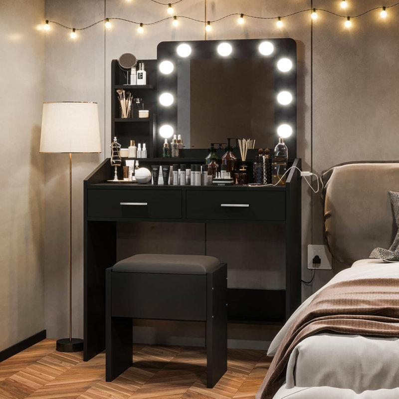Vanity Desk with Mirror and LED Lights - Makeup Vanity Desk with Power Outlet and Cushioned Stool - Dressing Table with 2 Drawers and 3 Lighting Modes Adjustable Brightness for Bedroom - Black