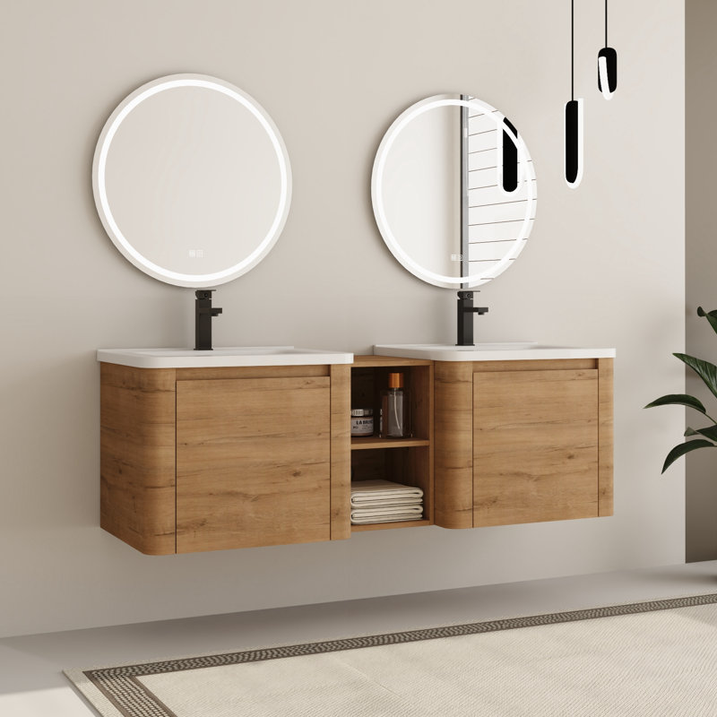 Ensemble de meuble-lavabo double 60 po avec plateau en céramique Walden, 60", Imitation chêne