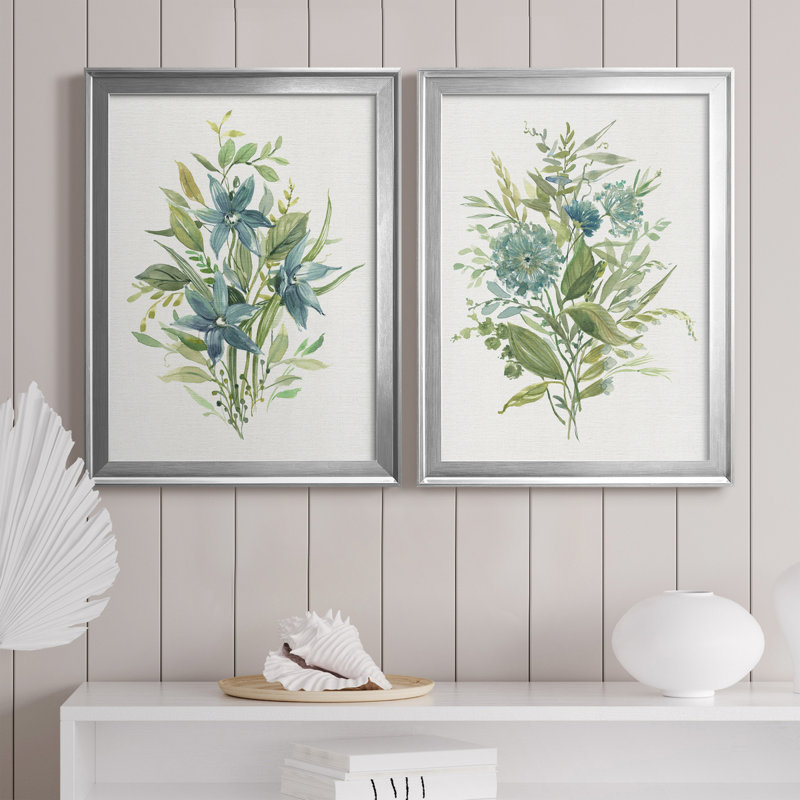 «Greenery I», ensemble de 2 peintures sur toiles, H 22,5 po x l 61 po x P 1,5 po, Toile avec cadre argenté