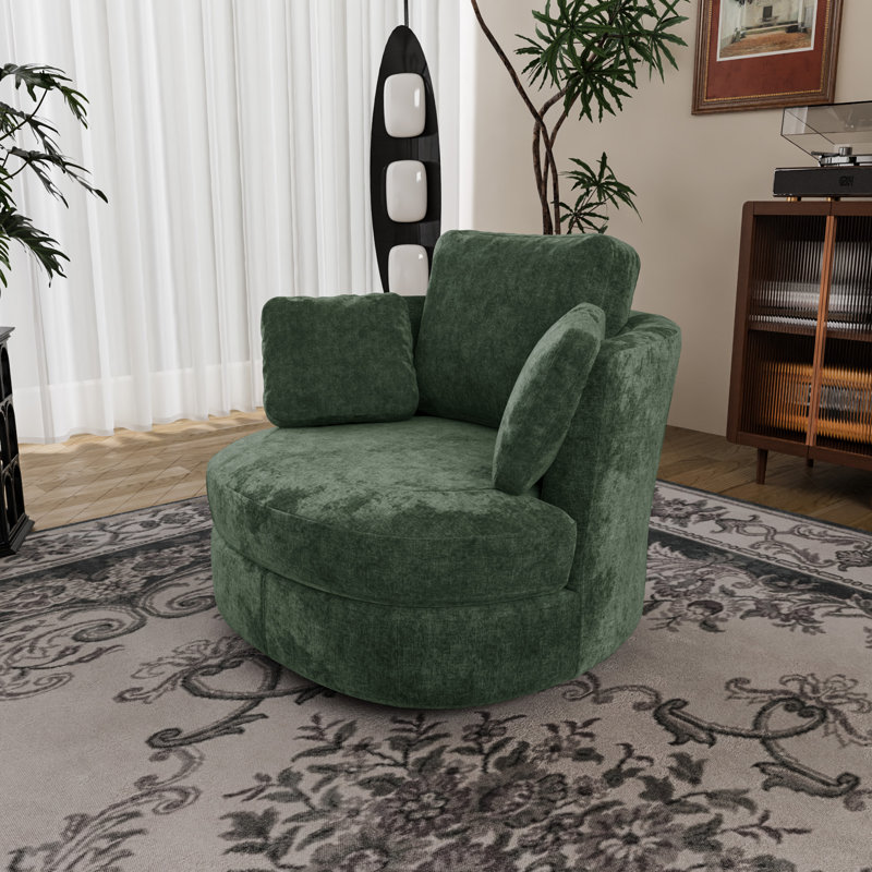 Chemaia Upholstered Swivel Barrel Chair, Green Chenille