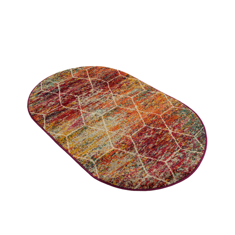 Geometric Fuschia Area Rug, Oval 7'1" x 10'