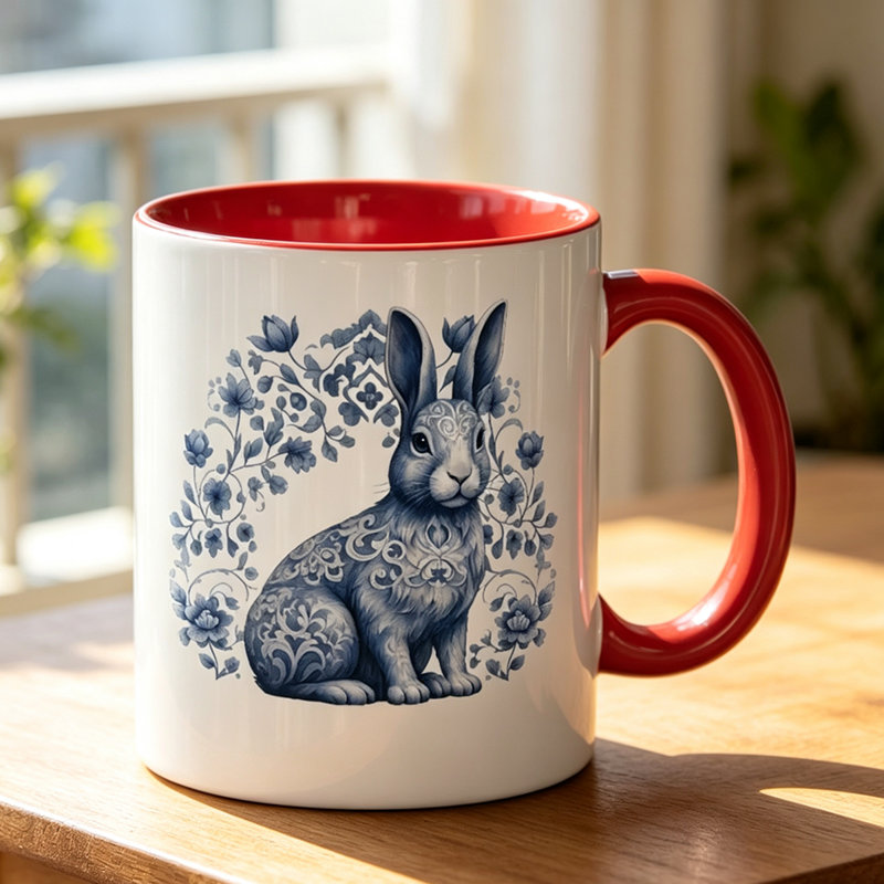 Vintage Rabbit And Floral Ceramic Coffee Cup - Elegant Blue And White Tea Cup with Gorgeous Lily of The Valley Pattern.