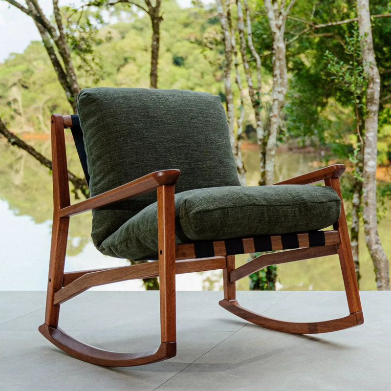 Chaise berçante Mid-Century en bois massif + repose-pieds, Vert mousse