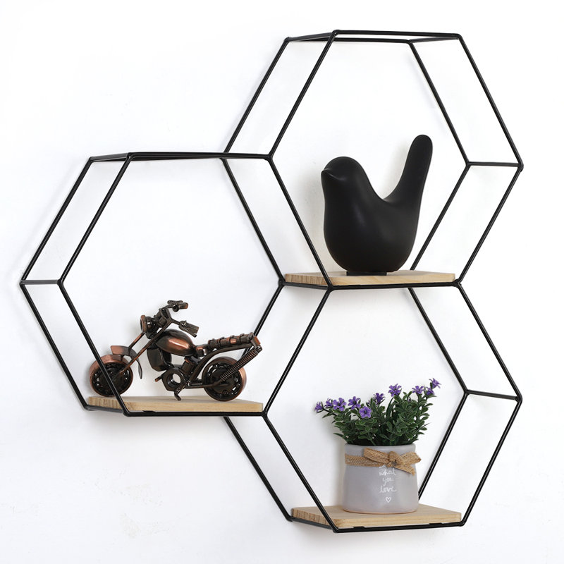 3 Piece Hexagon Metal Floating Shelf with Live Edge
