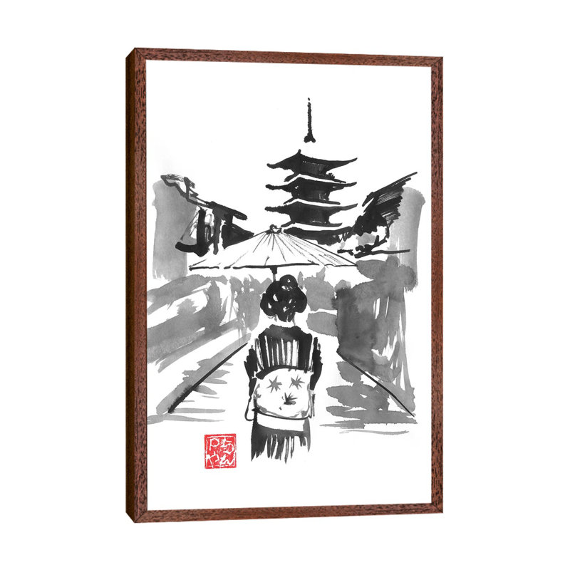 Geisha And Pagoda by Péchane - Painting on Canvas, Classic Brown Wood Framed, 66.04 cm H x 45.72 cm W