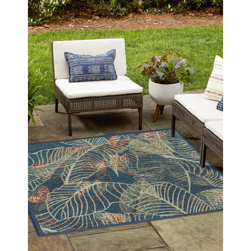 Tapis d'intérieur / extérieur en polypropylène tissé à la machine à motif floral bleu Torence, Carré 5 pi 3 po