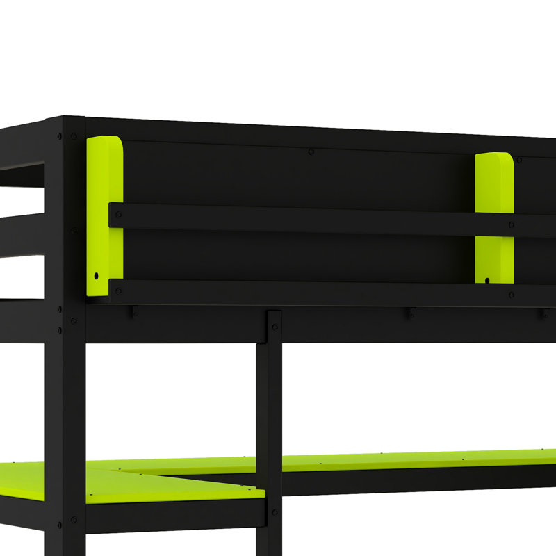 Lit mezzanine avec bureau, support de rangement latéral et tablettes multiples, Vert