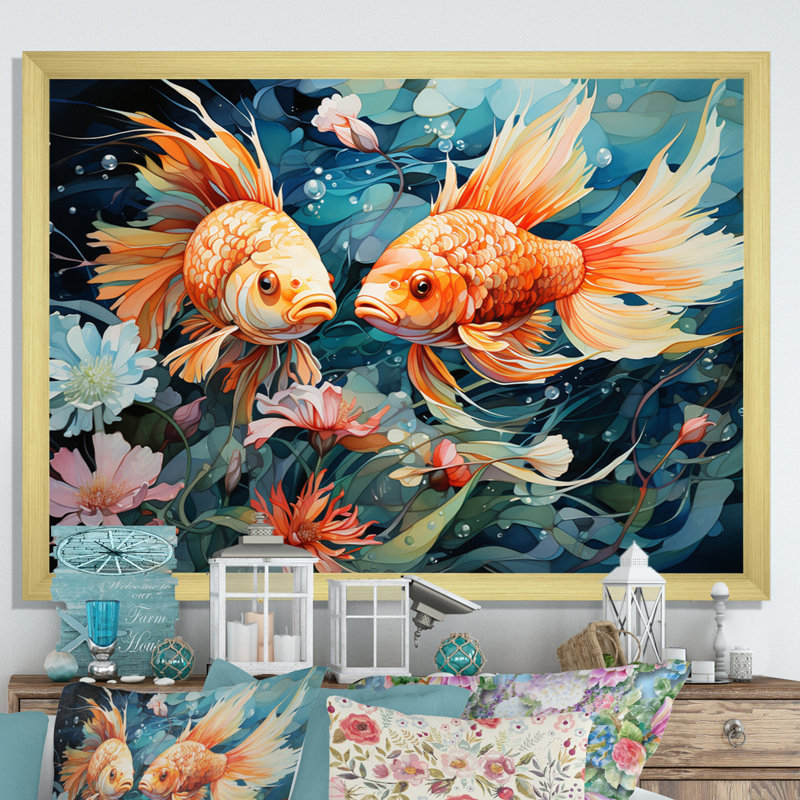 Pêche fantaisiste I - impression, H 16 po x l 32 po x P 1 po, Cadre doré simple