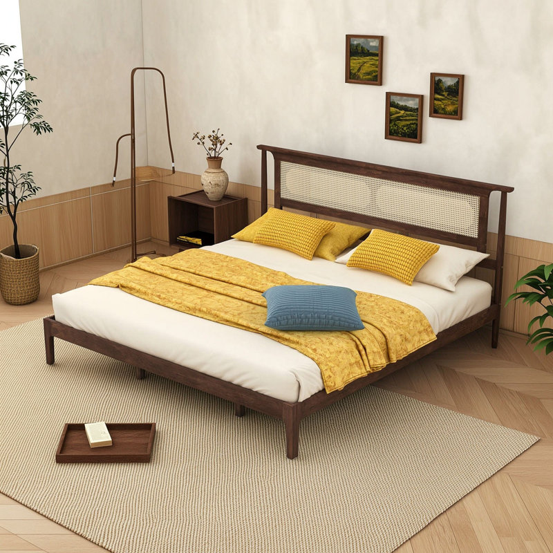Lit plateforme en bois avec tête de lit en rotin en PE tressé et pieds de soutien renforcés, Très grand lit, Noyer