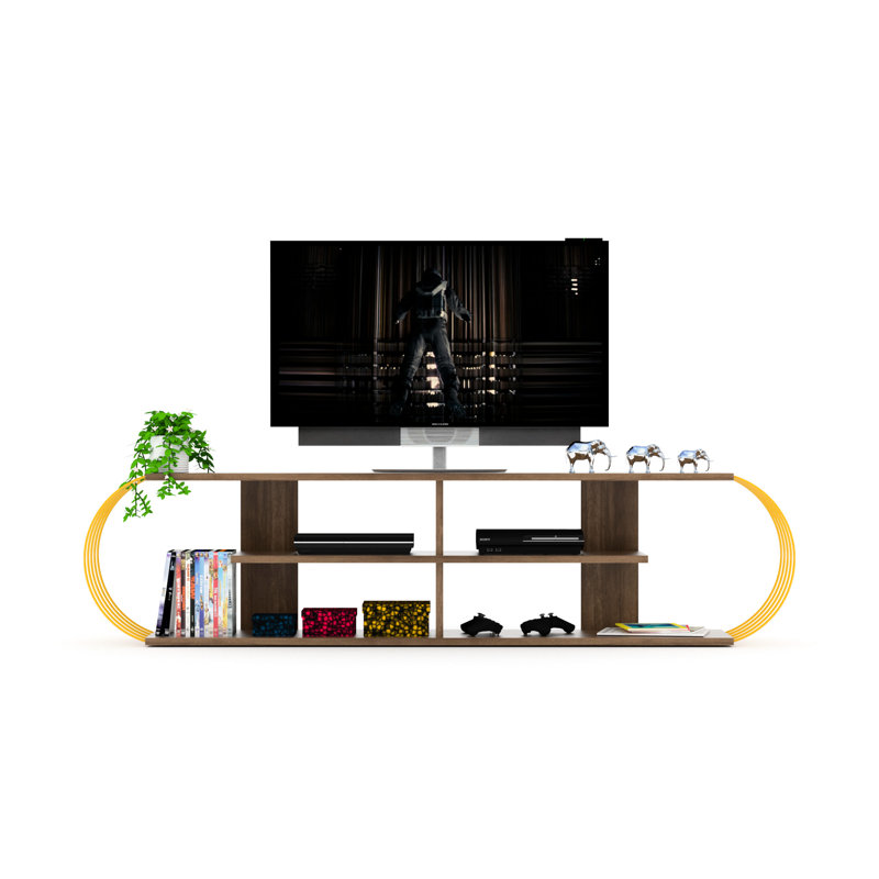 Meuble télé 68 po, meuble télé Mid-Century moderne en bois massif avec 4 tablettes de rangement ouvertes, centre de rangement noyer / jaune