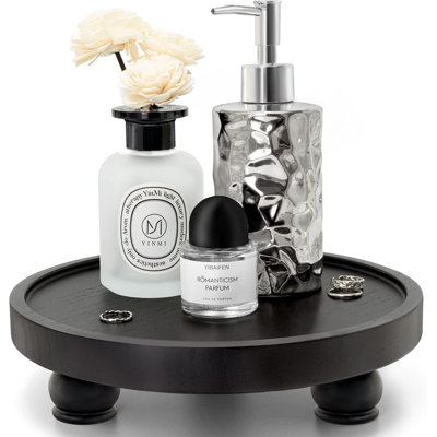 EOSAHR Modern Wood Riser for Display : Farmhouse Pedestal Stand for Kitchen Counter and Home Decor, Round Waterproof Display Tray for Soap on Sink (Black)