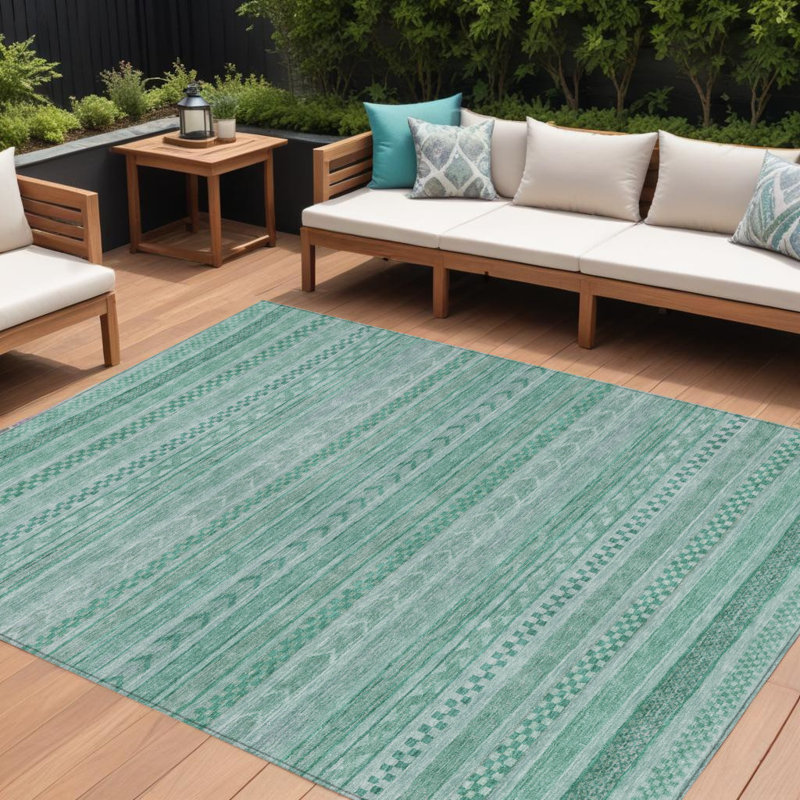 Tapis extérieur lavable à rayures turquoise et turquoise 9 pi x 12 pi