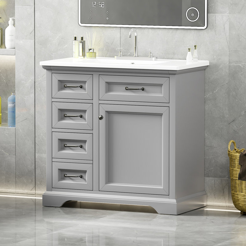 Meuble-lavabo de salle de bain avec lavabo, 2 tiroirs rabattables, charnières de porte à fermeture en douceur