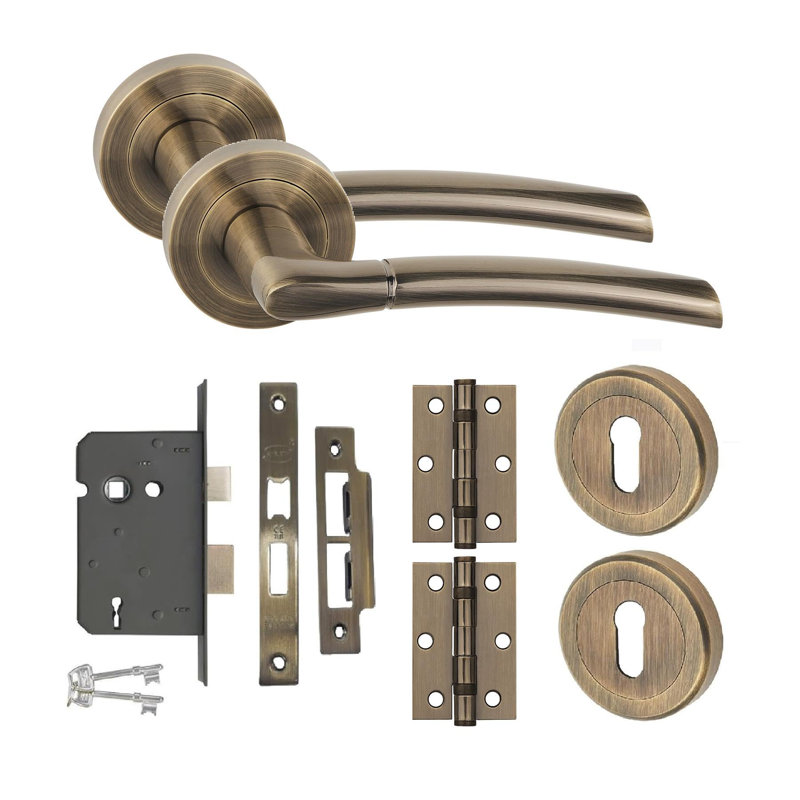  Indiana Design Key Lock Door Handle Set in Antique Brass Hinges and Mortise Lock
