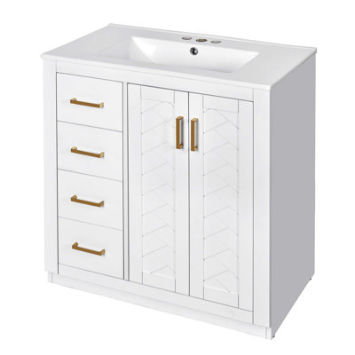 30'' Bathroom Vanity with Ceramic Sink Combo,Solid Wood Frame Bathroom Storage Cabinet