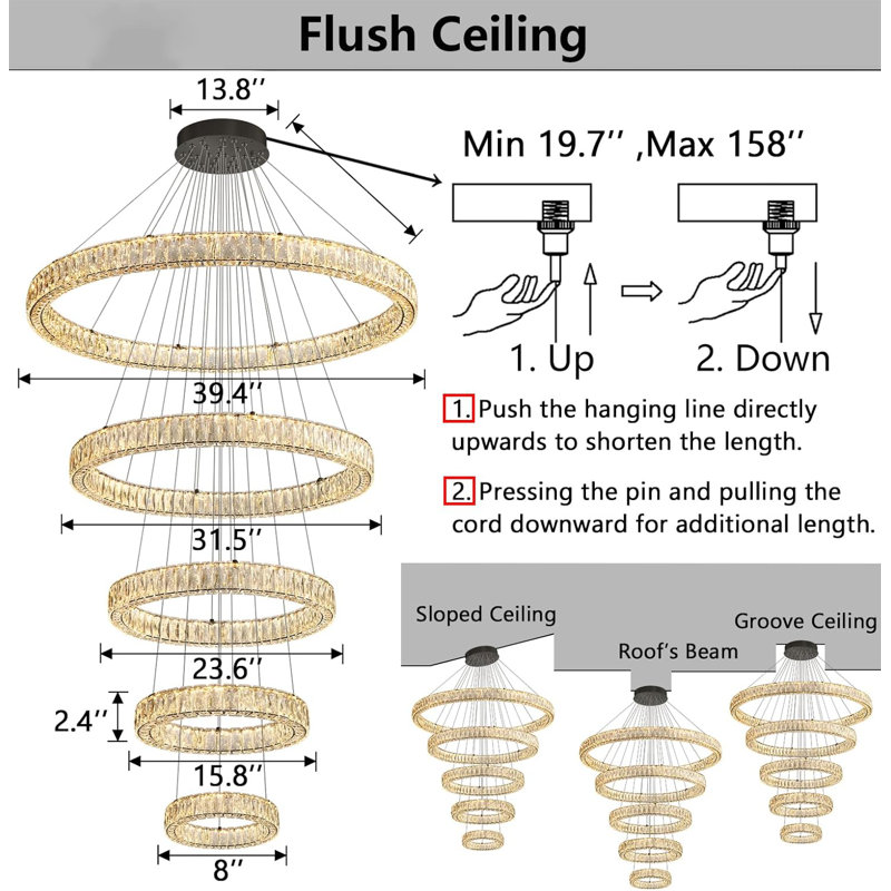 Lustre moderne en cristal à 5 anneaux, Noir mat