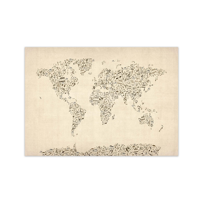 Music Notes Map Of The World by Michael Tompsett - Print, 60cm H x 84cm W x 1cm D, Unframed