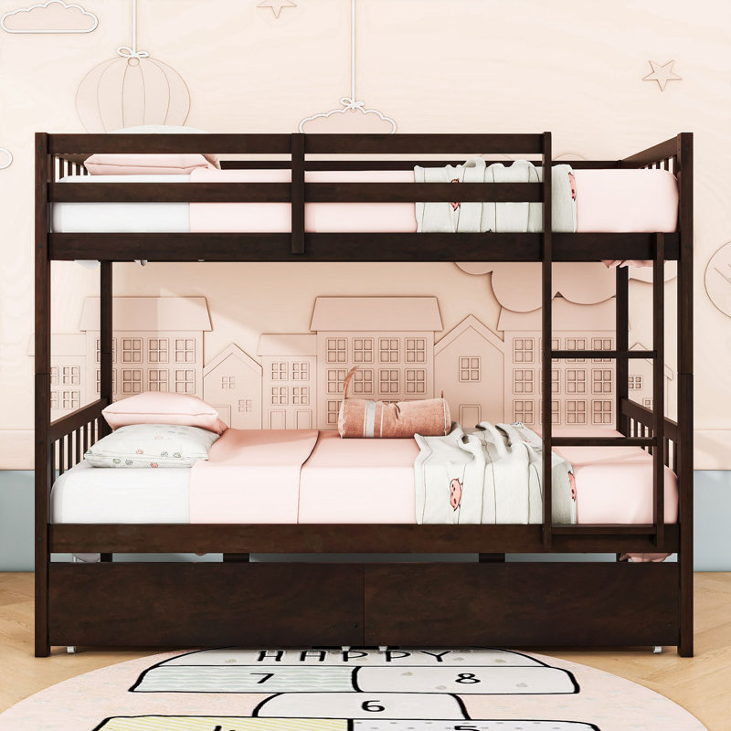 Rubber Wood Bunk Bed With Two Drawers, Twin Over Twin, Espresso