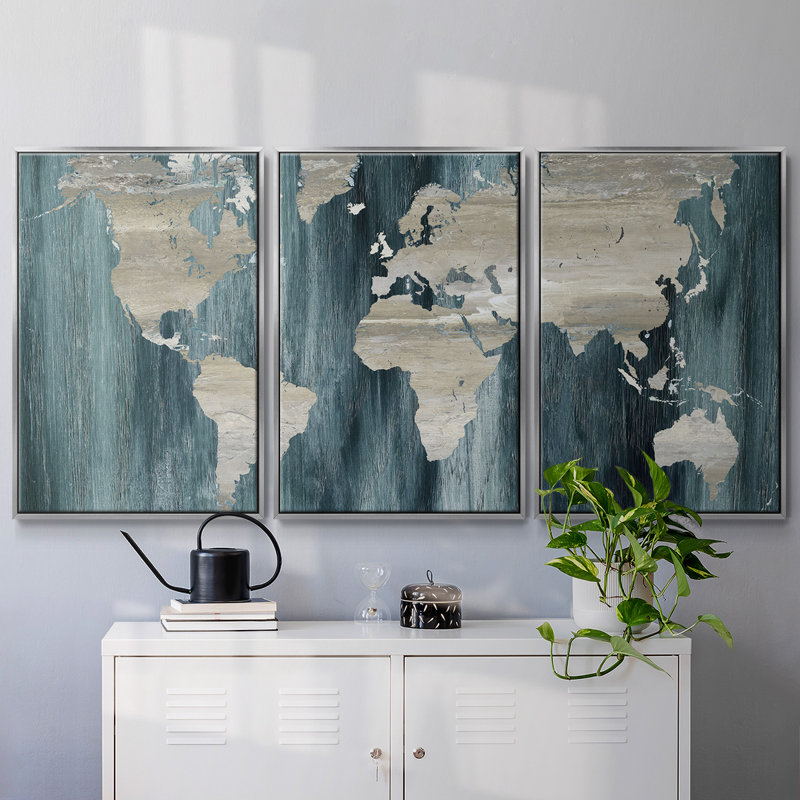 Carte du monde marine - Toile encadrée multi-pièces, H 40 po x l 78 po x P 2 po, Argent